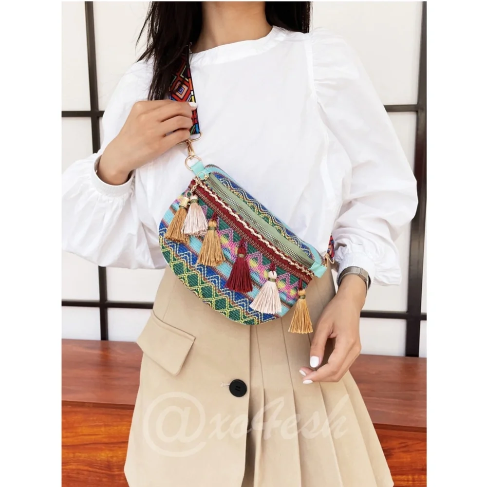 Boho Embroidered Fanny Pack Style Crossbody Bag with Tassels - Picture 4 of 16